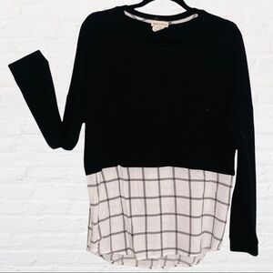 Miley + Molly black top with windowpane check cheater layer